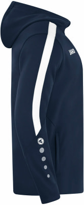 Marineblaue Jacke mit weißem Streifen am Ärmel und Logo.