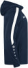 Marineblaue Jacke mit weißem Streifen am Ärmel und Logo.