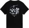 Schwarzes T-Shirt mit Aufdruck von Skifahrer und Snowboarder am Lift.