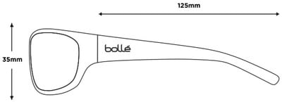 Seitenansicht einer rechteckigen Sonnenbrille mit Bollé-Logo und Maßen. Seitenansicht einer rechteckigen Sonnenbrille mit Bollé-Logo und Maßen.