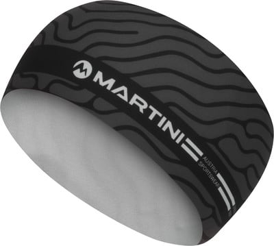 Schwarzes Martini Stirnband mit grauem Muster und Markenlogo.