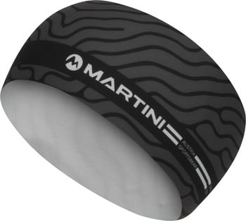 Schwarzes Martini Stirnband mit grauem Muster und Markenlogo.