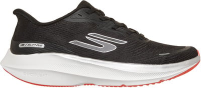 Schwarzer Skechers Laufschuh mit weißer Sohle und roten Akzenten. Schwarzer Skechers Laufschuh mit weißer Sohle und roten Akzenten.