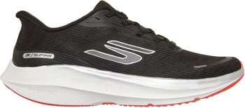 Schwarzer Skechers Laufschuh mit weißer Sohle und roten Akzenten.