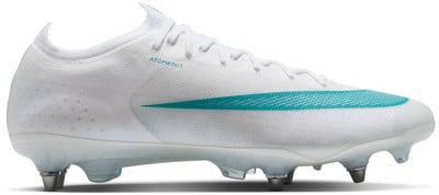 Weiße Fußballschuhe mit türkisfarbenem Streifen und ATOMKNIT-Schriftzug. Weiße Fußballschuhe mit türkisfarbenem Streifen und ATOMKNIT-Schriftzug.