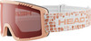 Eine rosa HEAD Skibrille mit Aufdruck und weißem Band.