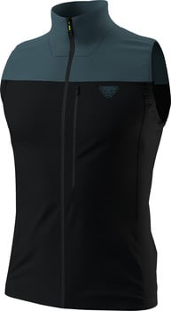 Schwarze und dunkelblaue Herrenweste mit Dynafit-Logo auf der Brust.