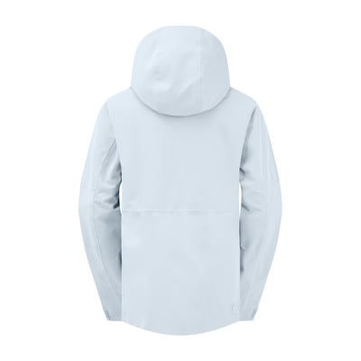 Rückansicht einer hellblauen Kapuzenjacke mit texturiertem Oberteil. Rückansicht einer hellblauen Kapuzenjacke mit texturiertem Oberteil.