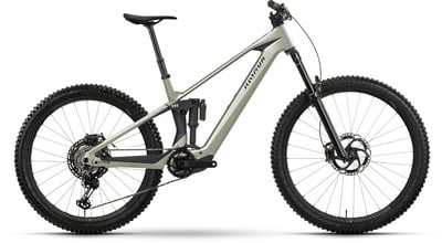 Graues Fullsuspension E-Mountainbike mit 150mm Federweg. Graues Fullsuspension E-Mountainbike mit 150mm Federweg.