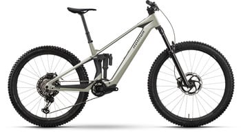 Graues Fullsuspension E-Mountainbike mit 150mm Federweg.