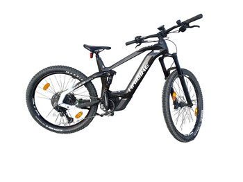 Ein schwarzes Haibike Mountain-E-Bike mit Federung und weißen Rahmendetails.
