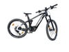 Ein schwarzes Haibike Mountain-E-Bike mit Federung und weißen Rahmendetails.