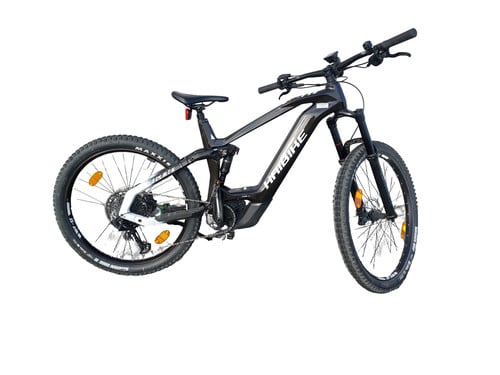 Ein schwarzes Haibike Mountain-E-Bike mit Federung und weißen Rahmendetails.