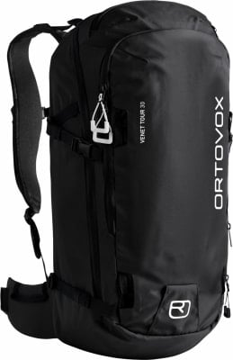 Schwarzer Ortovox Rucksack mit weißem Logo und Trägern. Schwarzer Ortovox Rucksack mit weißem Logo und Trägern.