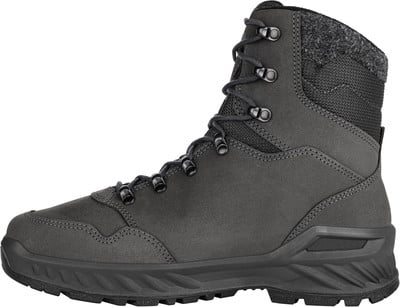 Grauer hoher Winterstiefel mit Schnürsenkeln und robuster Sohle. Grauer hoher Winterstiefel mit Schnürsenkeln und robuster Sohle.