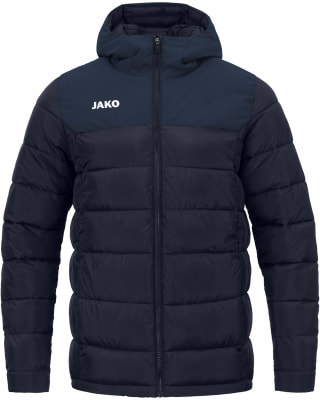 Dunkelblaue Steppjacke mit Kapuze und JAKO-Logo auf der Brust. Dunkelblaue Steppjacke mit Kapuze und JAKO-Logo auf der Brust.