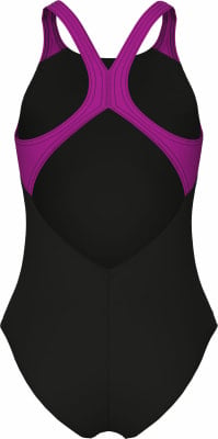 Schwarzer Damen-Badeanzug mit lila Trägern und Biesen. Schwarzer Damen-Badeanzug mit lila Trägern und Biesen.