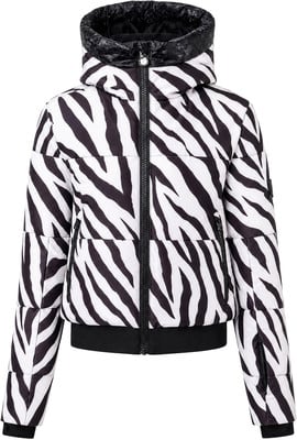 Damenjacke mit Zebramuster und schwarzer glänzender Kapuze. Damenjacke mit Zebramuster und schwarzer glänzender Kapuze.