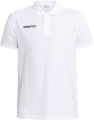 Weißes Poloshirt mit kurzen Ärmeln und schwarzem Craft-Logo auf der linken Brust.