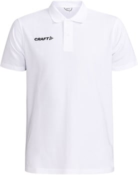 Weißes Poloshirt mit kurzen Ärmeln und schwarzem Craft-Logo auf der linken Brust.