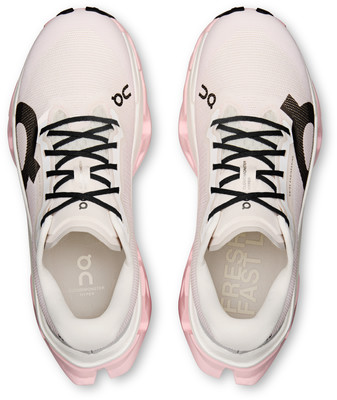 Damen-Laufschuhe On Cloudmonster Hyper in Rosa und Weiß. Damen-Laufschuhe On Cloudmonster Hyper in Rosa und Weiß.