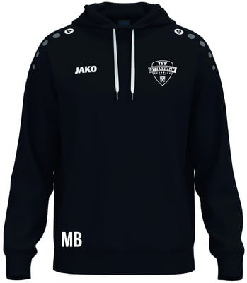 Schwarzer Kapuzenpullover mit TSV Ottensheim Logo auf der Brust.