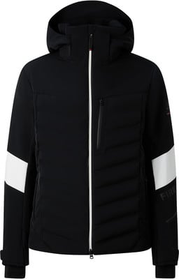 Schwarze Daunenjacke mit weißen Streifen an den Ärmeln und FIRE-Logo. Schwarze Daunenjacke mit weißen Streifen an den Ärmeln und FIRE-Logo.