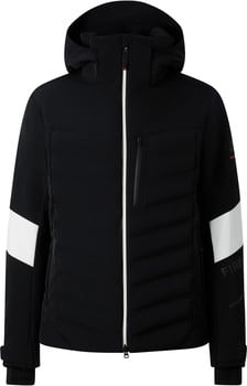 Schwarze Daunenjacke mit weißen Streifen an den Ärmeln und FIRE-Logo.