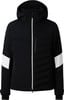 Schwarze Daunenjacke mit weißen Streifen an den Ärmeln und FIRE-Logo.