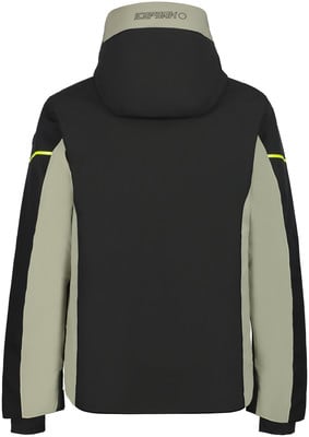 Schwarze Jacke mit beige und gelben Akzenten und Logo am Kragen.