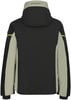 Schwarze Jacke mit beige und gelben Akzenten und Logo am Kragen.