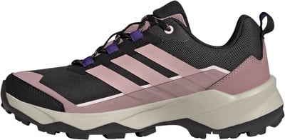Schwarze Damen-Trekkingschuhe von Adidas mit rosa Streifen und beiger Sohle. Schwarze Damen-Trekkingschuhe von Adidas mit rosa Streifen und beiger Sohle.