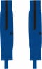 Zwei blaue Fußballstutzen mit schwarzem Streifen und JAKO-Logo.