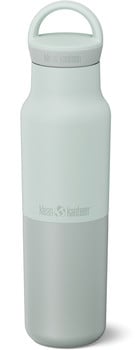 Hellgrüne Klean Kanteen Flasche mit Deckel und Griff.