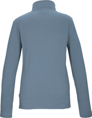 Rückansicht eines blauen Damen-Pullover mit langen Ärmeln und Stehkragen. Rückansicht eines blauen Damen-Pullover mit langen Ärmeln und Stehkragen.