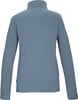 Rückansicht eines blauen Damen-Pullover mit langen Ärmeln und Stehkragen.