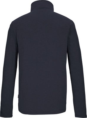Rückansicht eines dunkelblauen Pullovers mit langen Ärmeln und hohem Kragen.
