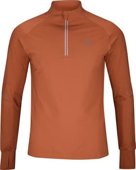 Orangefarbenes Laufshirt mit kurzem Reißverschluss und reflektierenden Details.