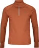 Orangefarbenes Laufshirt mit kurzem Reißverschluss und reflektierenden Details.
