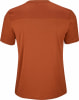 Rückansicht eines orangefarbenen T-Shirts mit perforiertem Streifen an den Schultern.