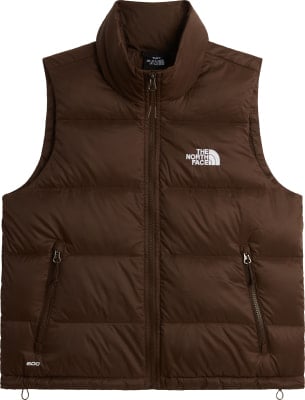 Braune Daunenweste von The North Face mit Logo auf der Brust und Reißverschluss.