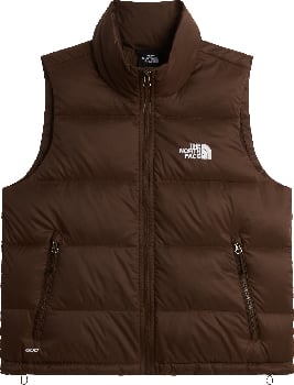 Braune Daunenweste von The North Face mit Logo auf der Brust und Reißverschluss.