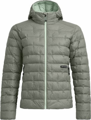 Graue Daunenjacke mit Kapuze und hellgrünem Innenfutter, Reißverschluss. Graue Daunenjacke mit Kapuze und hellgrünem Innenfutter, Reißverschluss.