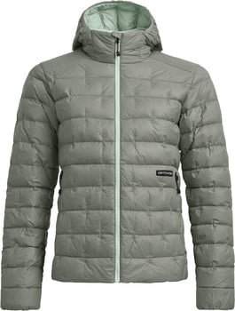 Graue Daunenjacke mit Kapuze und hellgrünem Innenfutter, Reißverschluss.