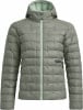 Graue Daunenjacke mit Kapuze und hellgrünem Innenfutter, Reißverschluss.