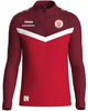 Burgunderrotes Fußballtrikot mit weißem Streifen und Vereins- und Sponsorenlogo.