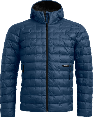 Blaue Daunenjacke mit Kapuze und schwarzem Reißverschluss, Marke ORTOVOX.