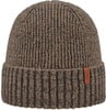 Eine braune Strickmütze mit ARECO-Logo am Rand.