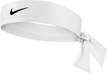 Ein weißes Nike-Stirnband mit schwarzem Logo und Bindebändern.