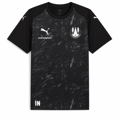 Schwarzes Puma-Trikot mit grauem Muster und Logos, unten IN.